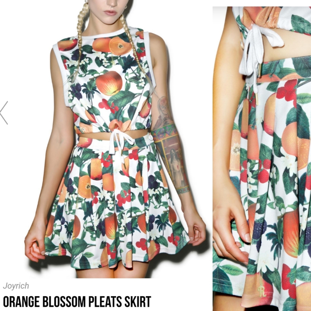 Nwt SET:;Joyrich pleated tennis FRUIT print pleated Preppy Oranges s